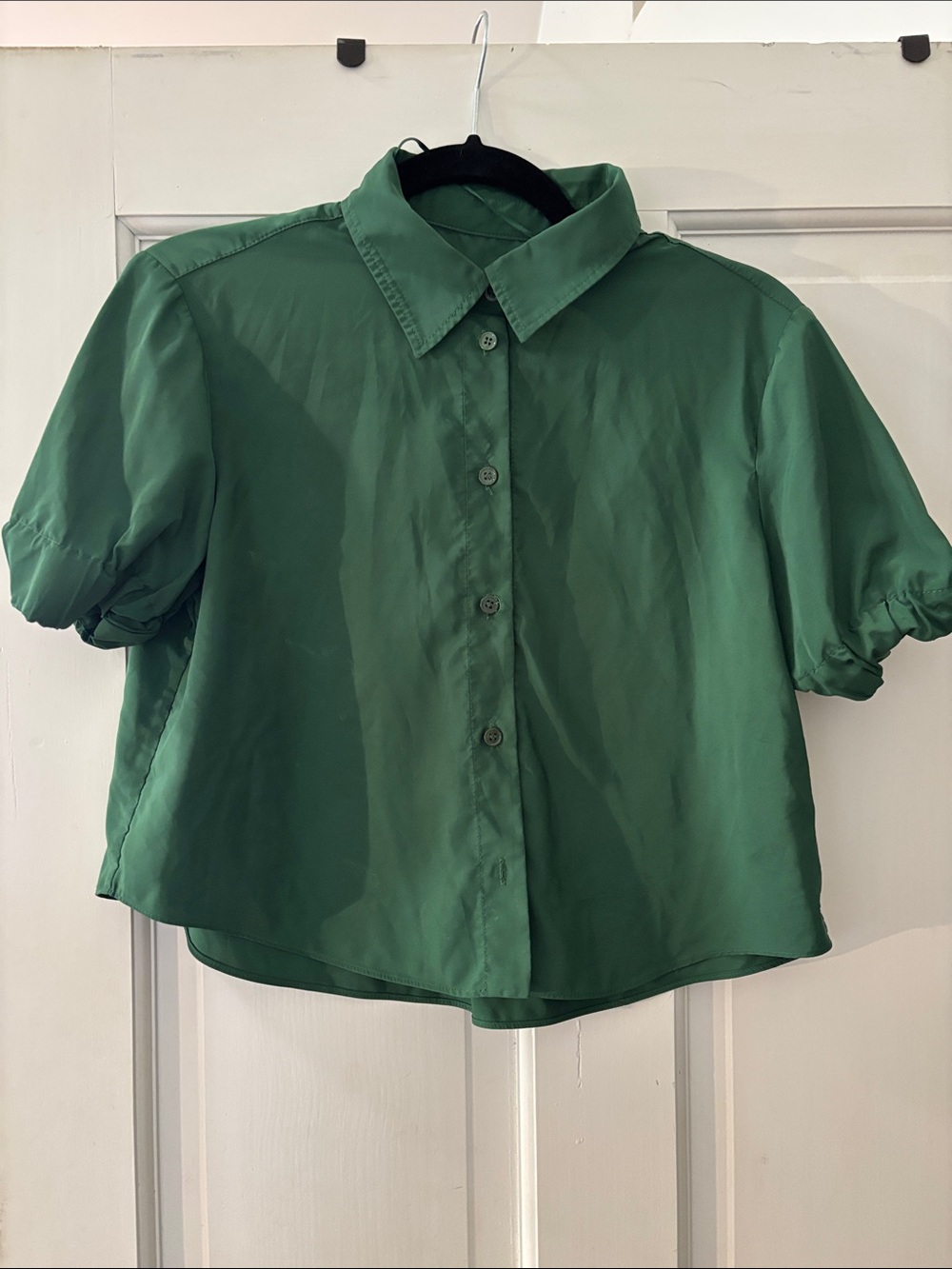 Zara cropped Green Short balloon Sleeve Button-Down blouse (bottom button off)